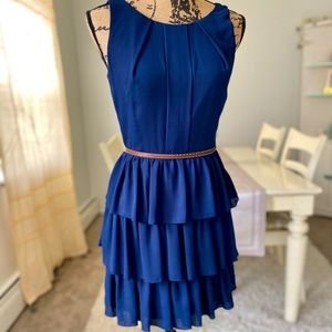 Classy Navy Blue Ruffle Sleeveless Midi Dress